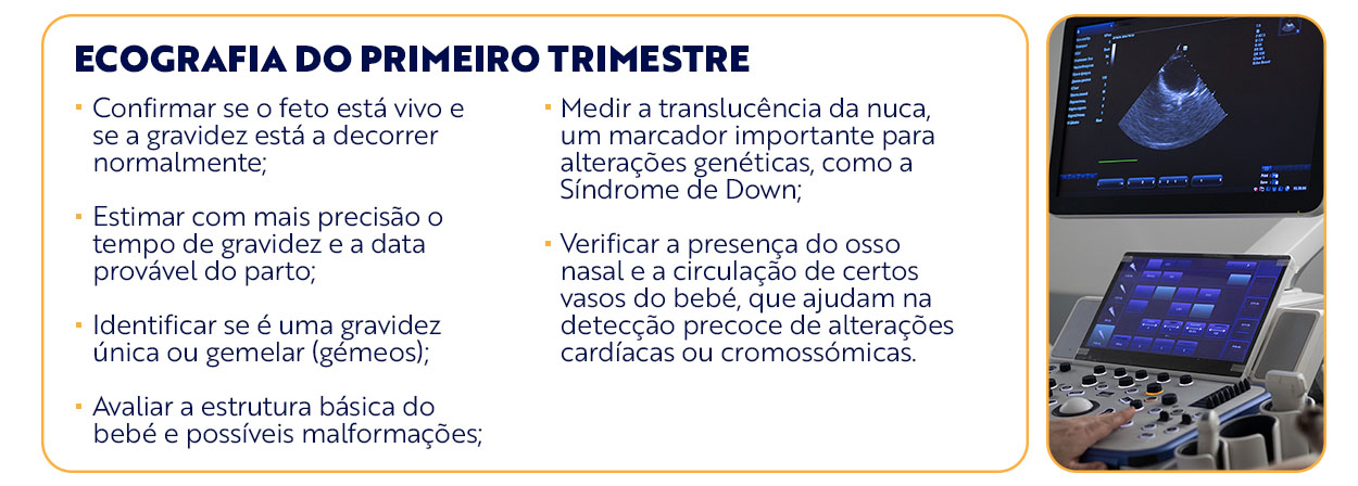 ecografia do primeiro trimestre Confirmar se o feto está vivo e se a gravidez está a decorrer normalmente; Estimar com mais precisão o tempo de gravidez e a data provável do parto; Identificar se é uma gravidez única ou gemelar (gémeos); Avaliar a estrutura básica do bebé e possíveis malformações; Medir a translucência da nuca, um marcador importante para alterações genéticas, como a Síndrome de Down; Verificar a presença do osso nasal e a circulação de certos vasos do bebé, que ajudam na detecção precoce de alterações cardíacas ou cromossómicas.